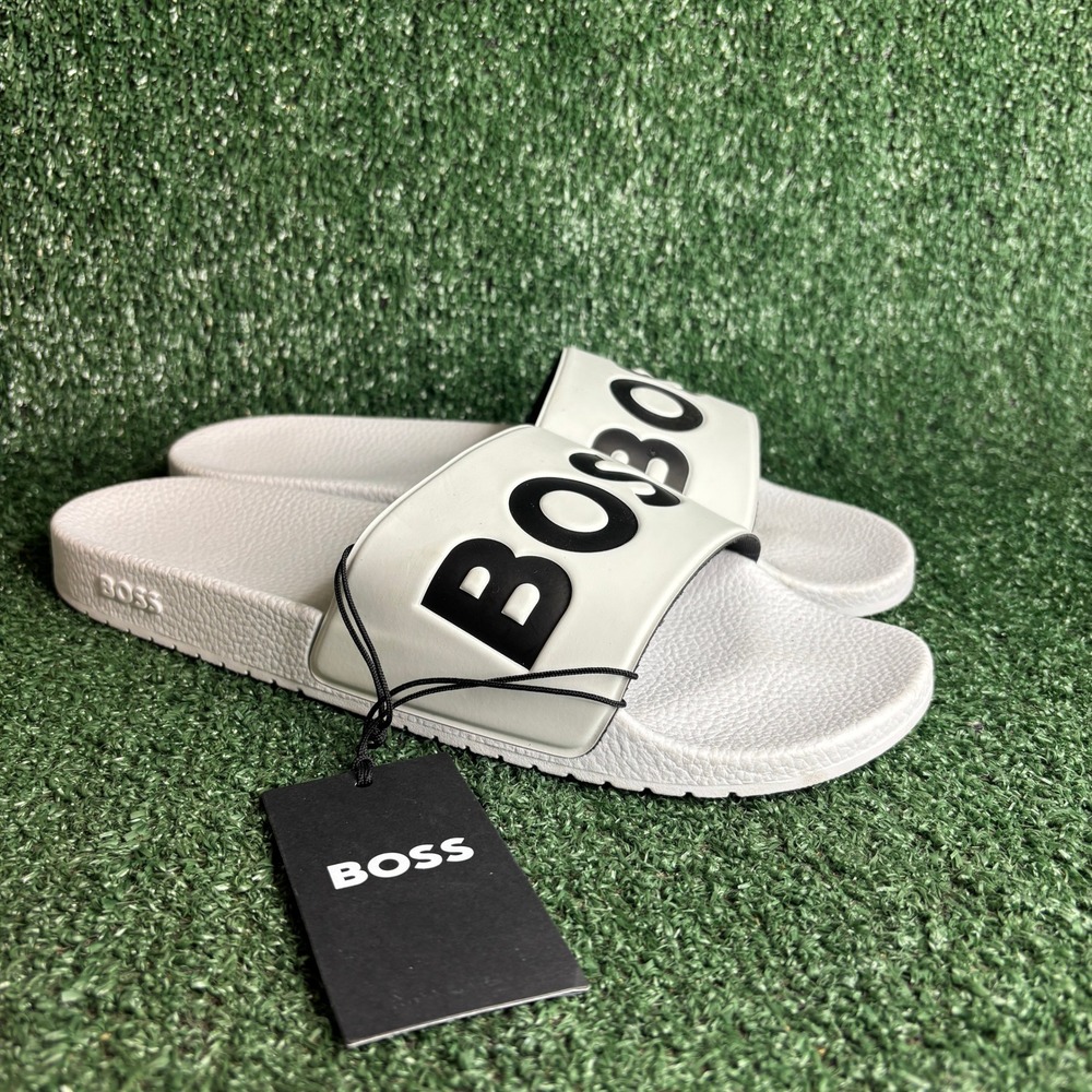 NEW‎ HUGO BOSS Aryeh Logo Pool Slides Beach Sandals White Black Mens Size 12